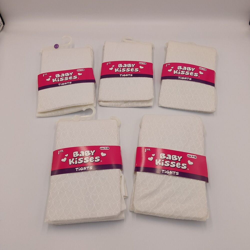 Baby Kisses Tights white Pantyhose Pack of 5, Size 7-10 Hearts Pattern Nylon